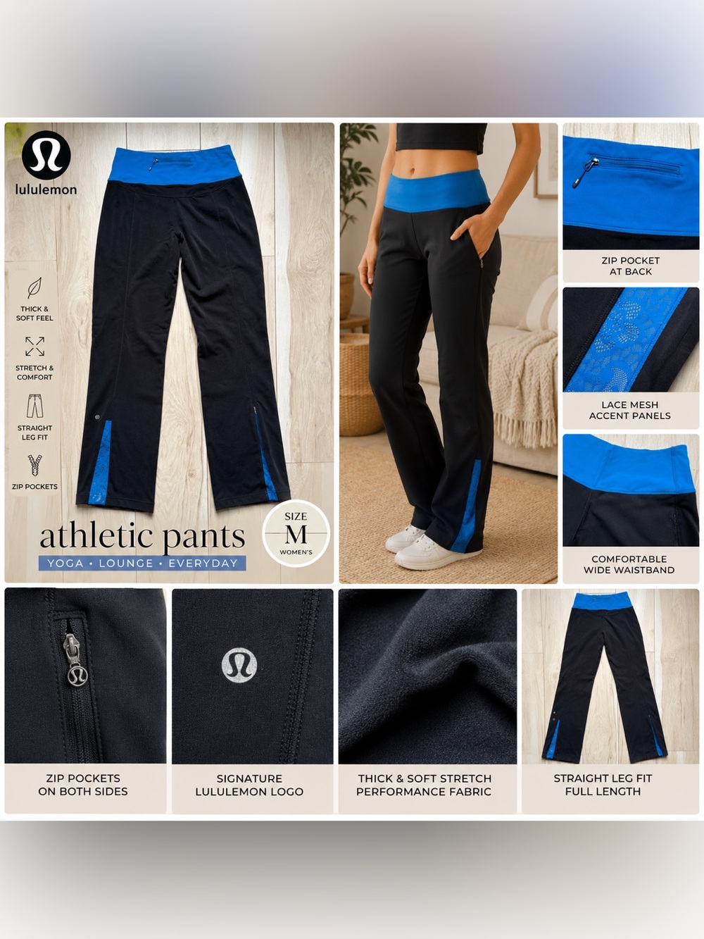 Lululemon Black Blue Straight Leg Athletic Pants Thick Stretch Yoga Sweatpants